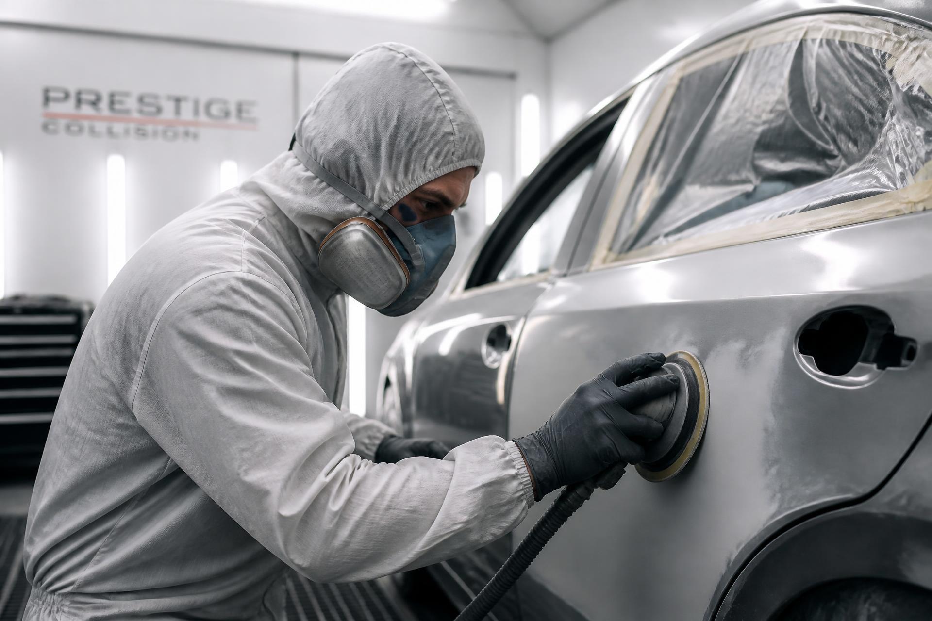 Technician repairing a vehicle body panel in the Williams Accident Repair workshop